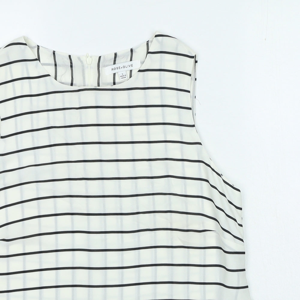 Rose and Olive Womens White Striped Polyester Basic Tank Size L Round Neck