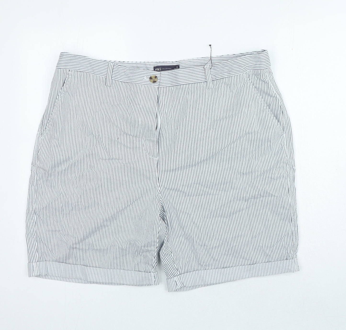 Marks and Spencer Womens Blue Striped Cotton Chino Shorts Size 18 Regular Button