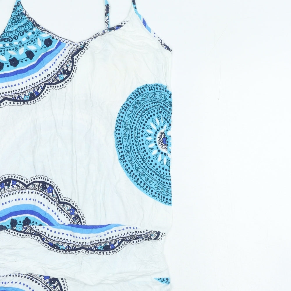 Beach Time Womens White Geometric Viscose Tank Dress Size 14 V-Neck Pullover