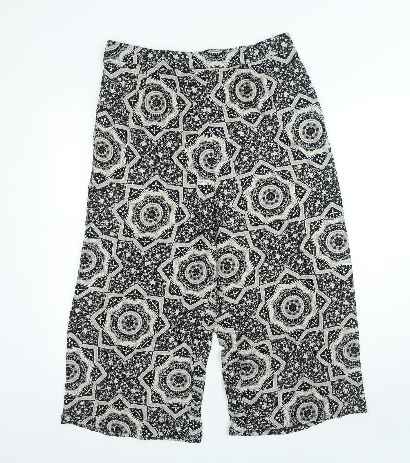 Bonmarche Womens Black Geometric Viscose Cropped Trousers Size 12 Regular