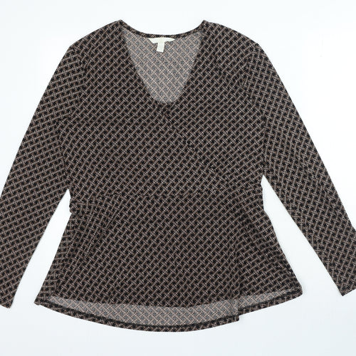 H&M Womens Brown Geometric Polyester Basic Blouse Size M V-Neck