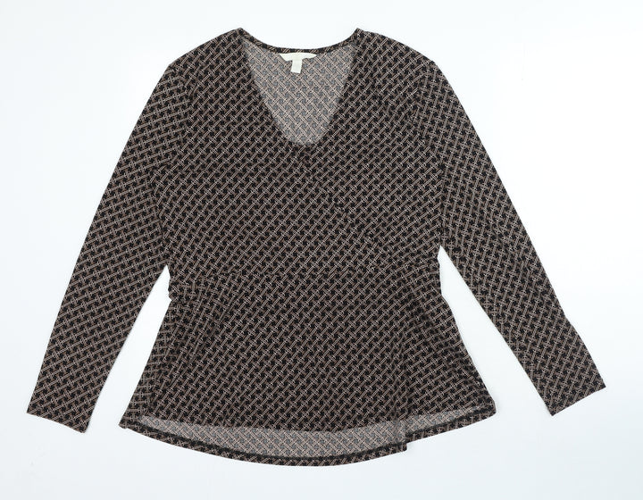 H&M Womens Brown Geometric Polyester Basic Blouse Size M V-Neck