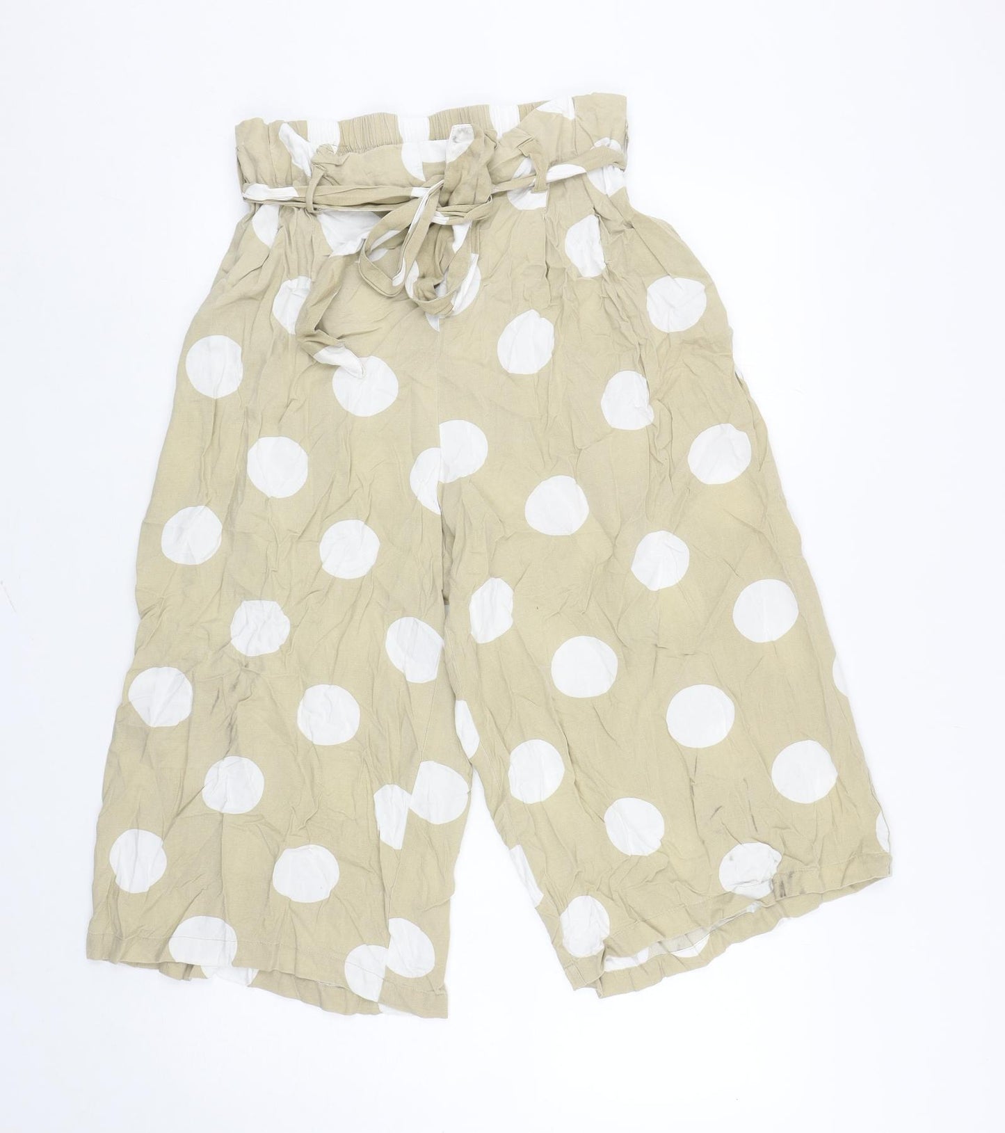 Primark Womens Beige Polka Dot Viscose Cropped Trousers Size 14 Regular Tie