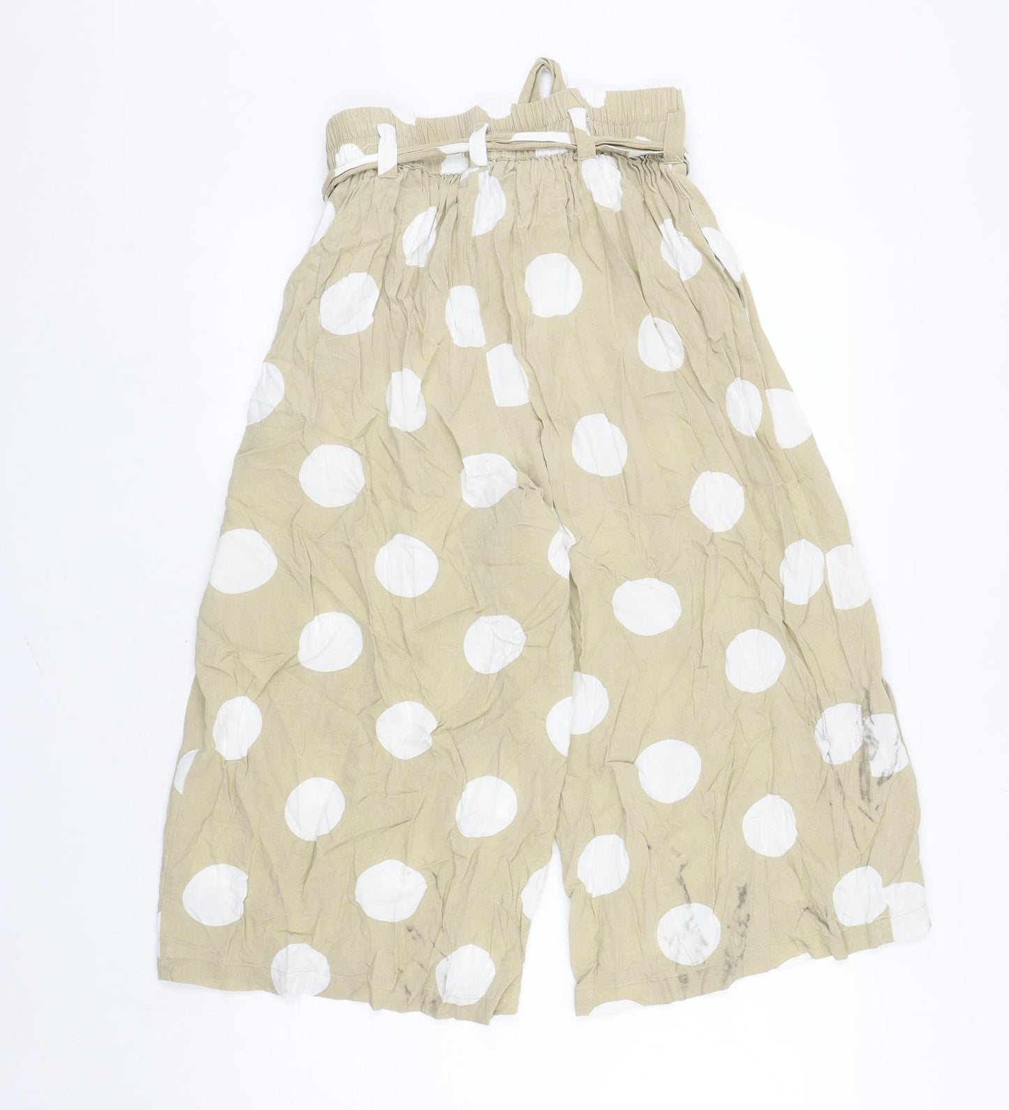 Primark Womens Beige Polka Dot Viscose Cropped Trousers Size 14 Regular Tie