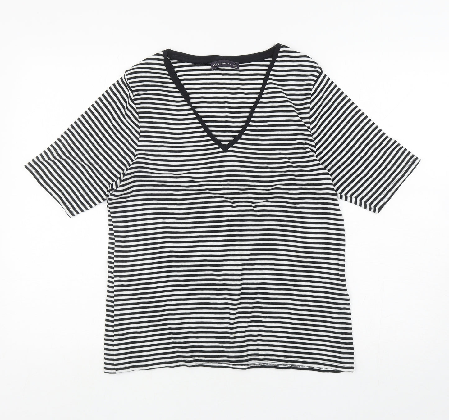 Marks and Spencer Womens White Striped Cotton Basic T-Shirt Size 16 V-Neck