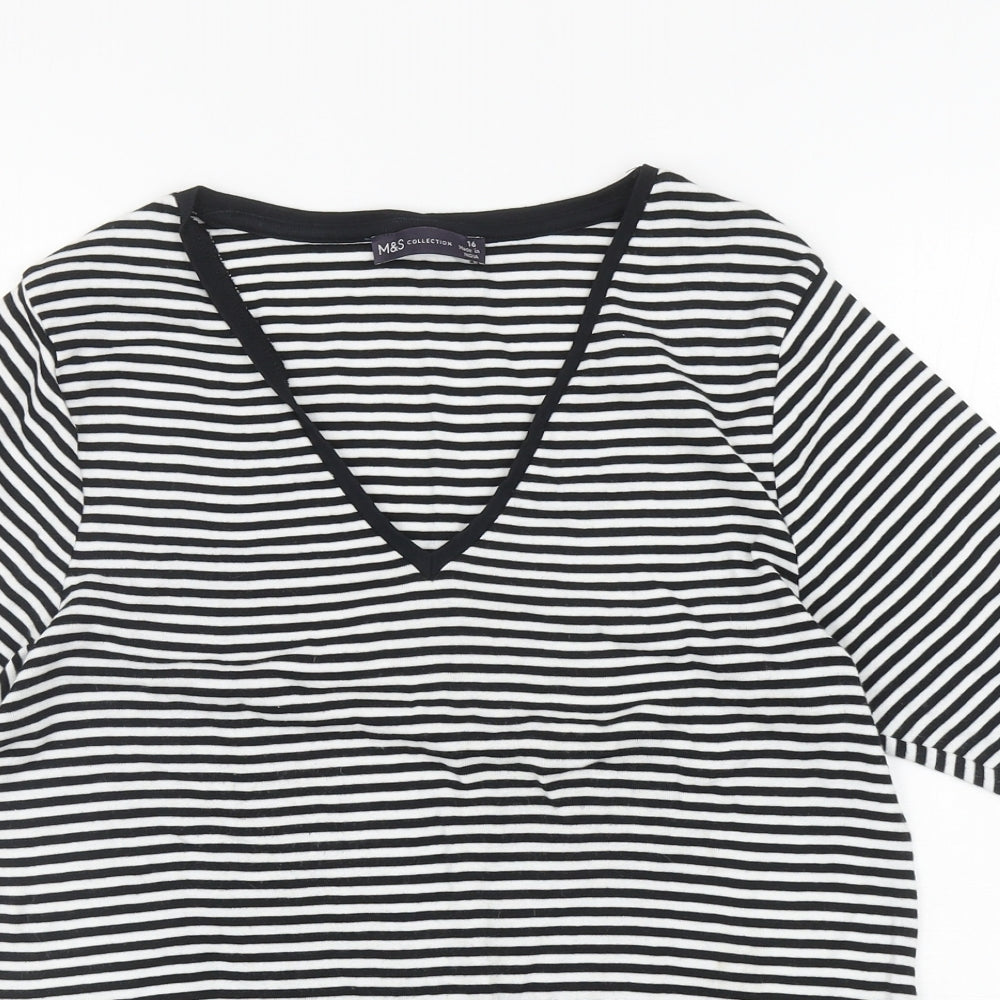 Marks and Spencer Womens White Striped Cotton Basic T-Shirt Size 16 V-Neck