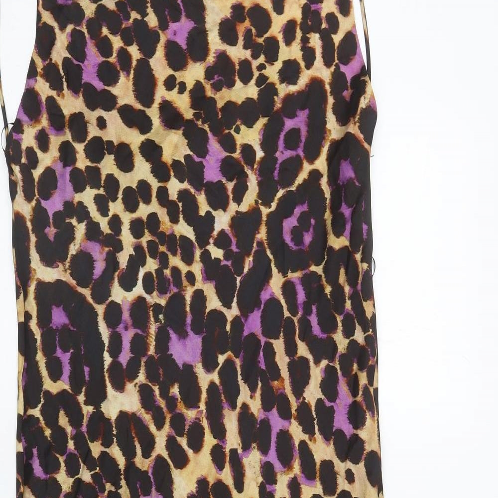 Zara Womens Brown Animal Print Polyester Slip Dress Size M Cowl Neck Pullover