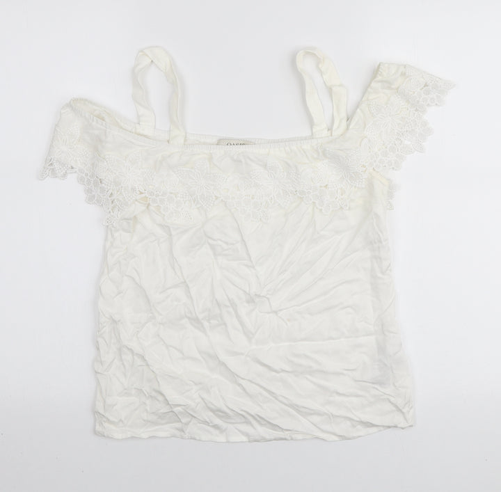 Oasis Womens White Viscose Basic Blouse Size 10 Off the Shoulder - Lace Detail