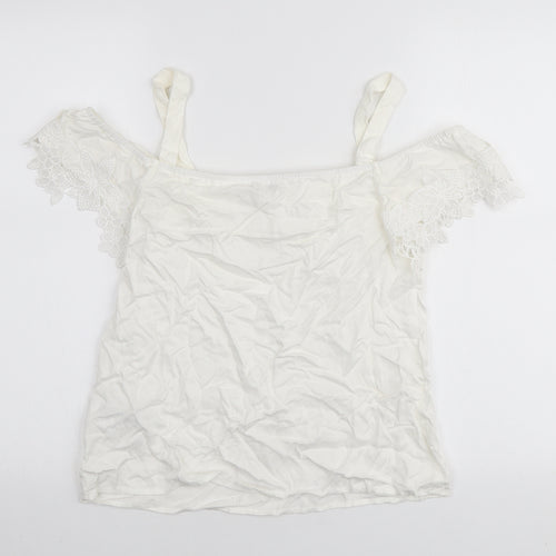 Oasis Womens White Viscose Basic Blouse Size 10 Off the Shoulder - Lace Detail