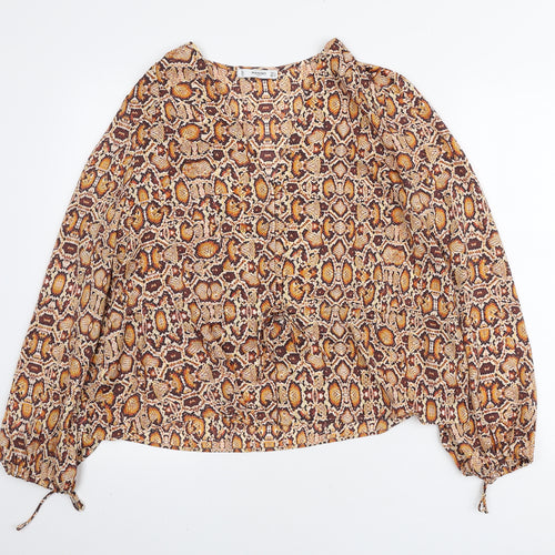 Mango Womens Orange Animal Print Polyester Basic Button-Up Size L V-Neck