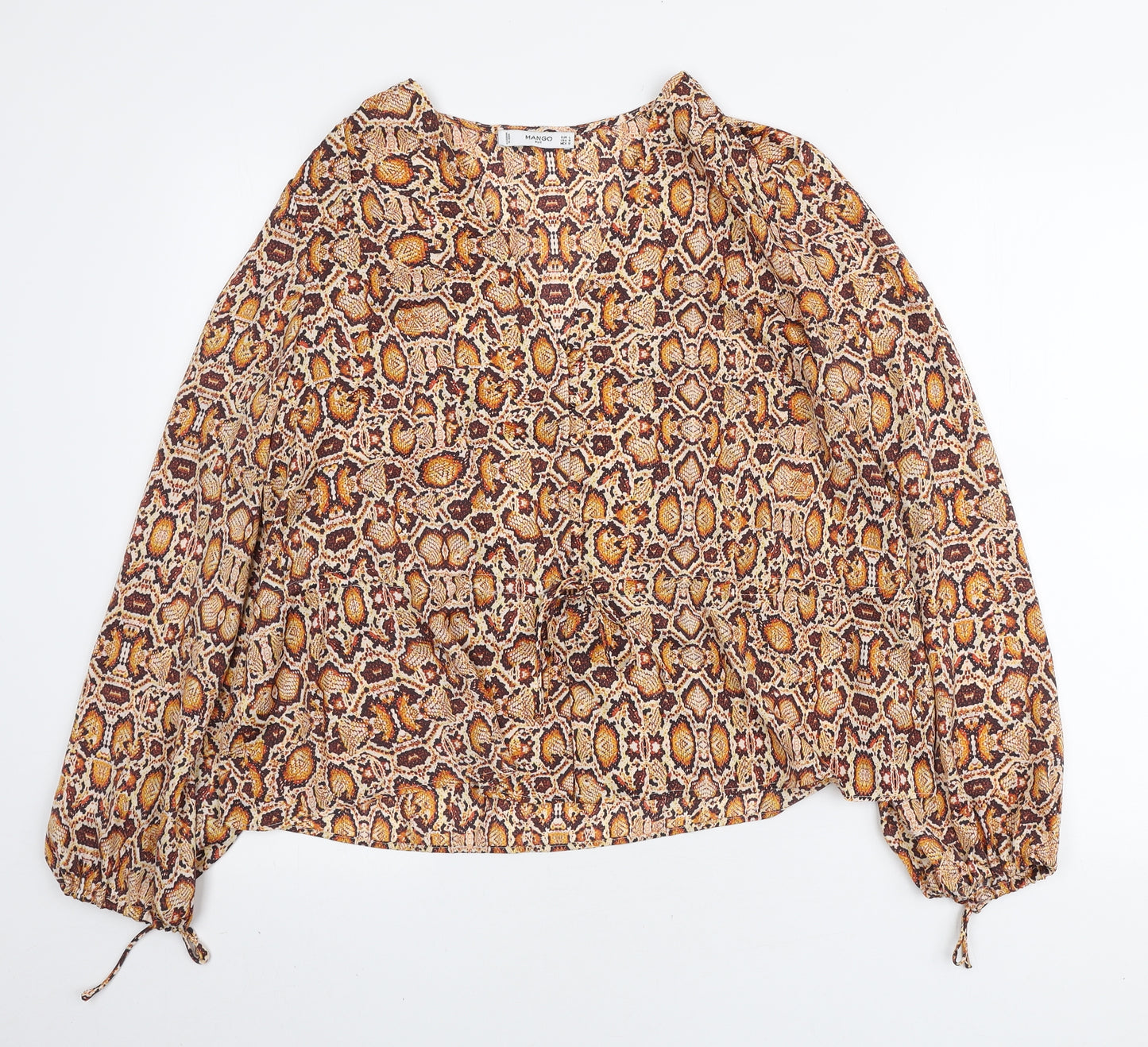 Mango Womens Orange Animal Print Polyester Basic Button-Up Size L V-Neck