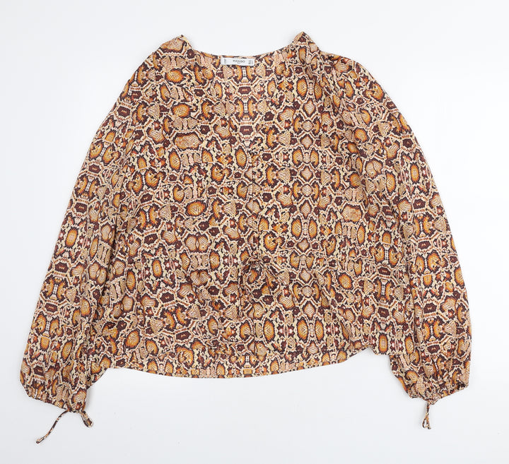 Mango Womens Orange Animal Print Polyester Basic Button-Up Size L V-Neck