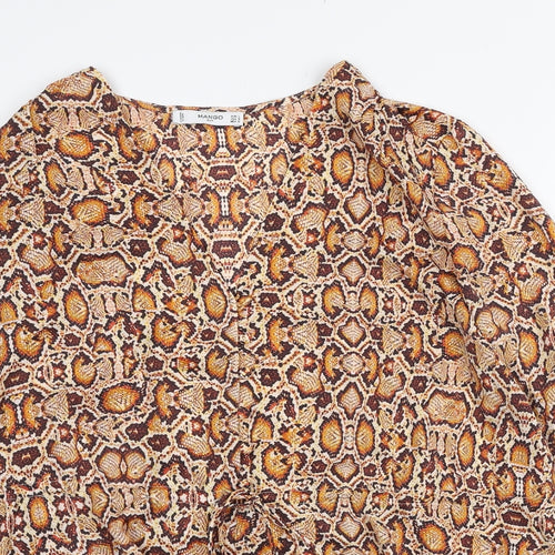 Mango Womens Orange Animal Print Polyester Basic Button-Up Size L V-Neck