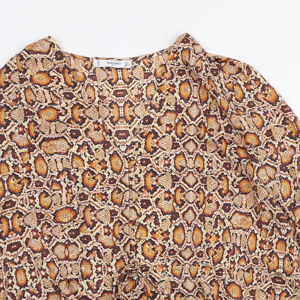 Mango Womens Orange Animal Print Polyester Basic Button-Up Size L V-Neck