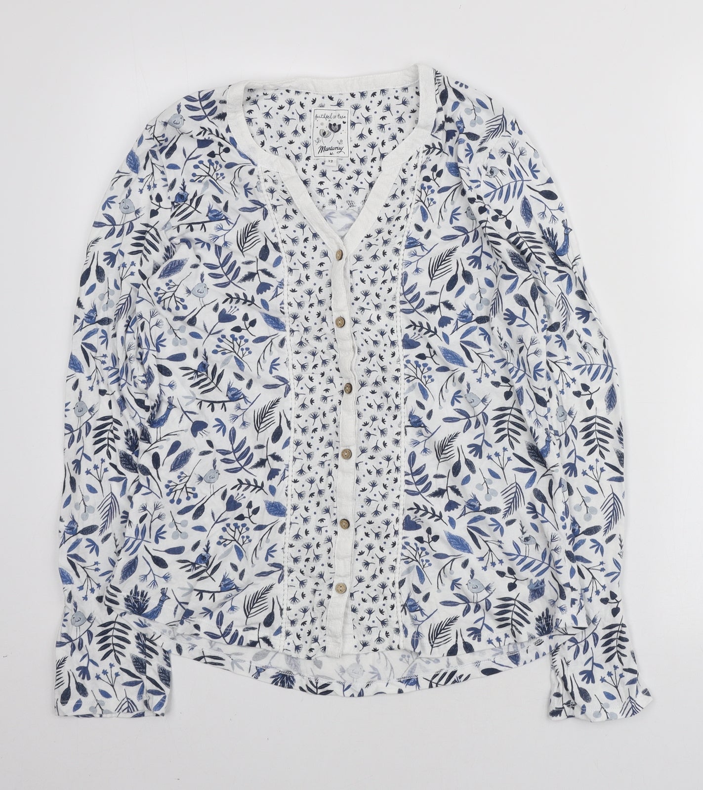 Debenhams Womens White Geometric Cotton Basic Button-Up Size 12 V-Neck
