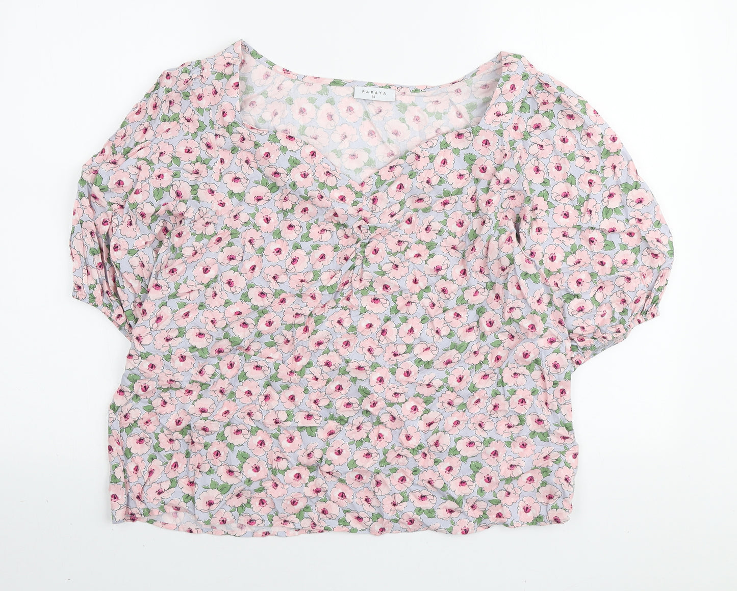 Papaya Womens Pink Floral Viscose Cropped T-Shirt Size 16 V-Neck