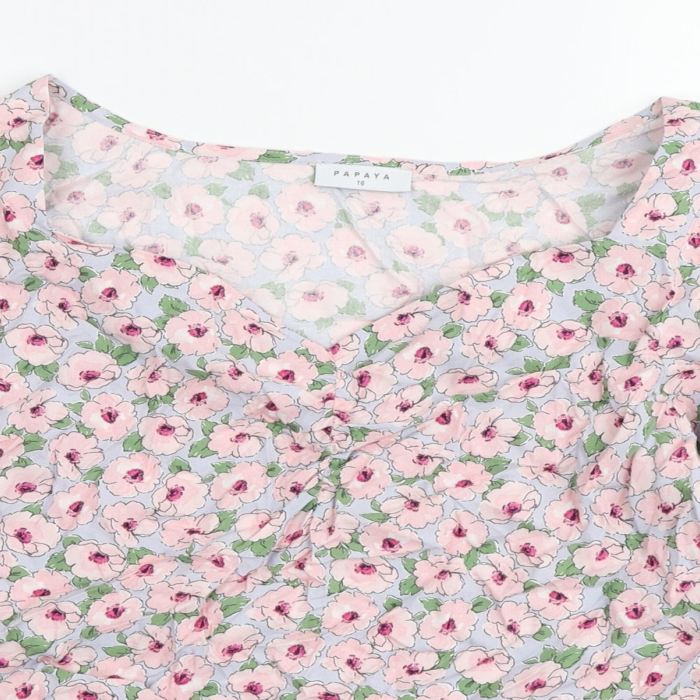 Papaya Womens Pink Floral Viscose Cropped T-Shirt Size 16 V-Neck