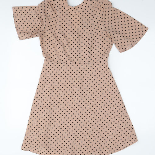 H&M Womens Beige Polka Dot Polyester A-Line Size S Round Neck Zip
