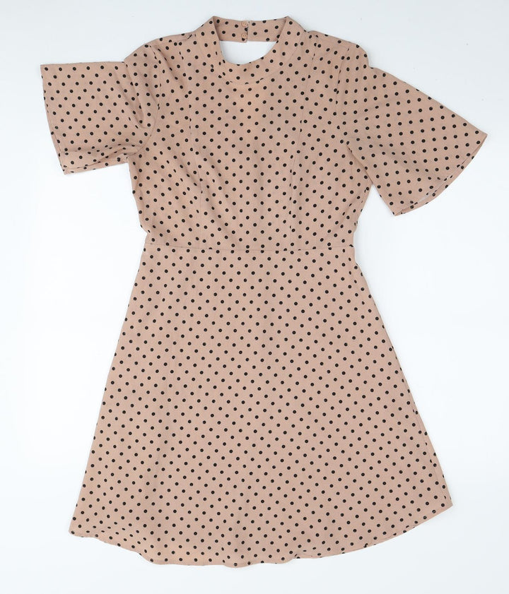H&M Womens Beige Polka Dot Polyester A-Line Size S Round Neck Zip