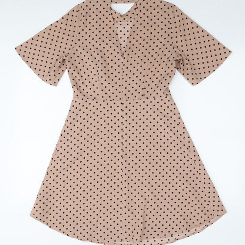 H&M Womens Beige Polka Dot Polyester A-Line Size S Round Neck Zip
