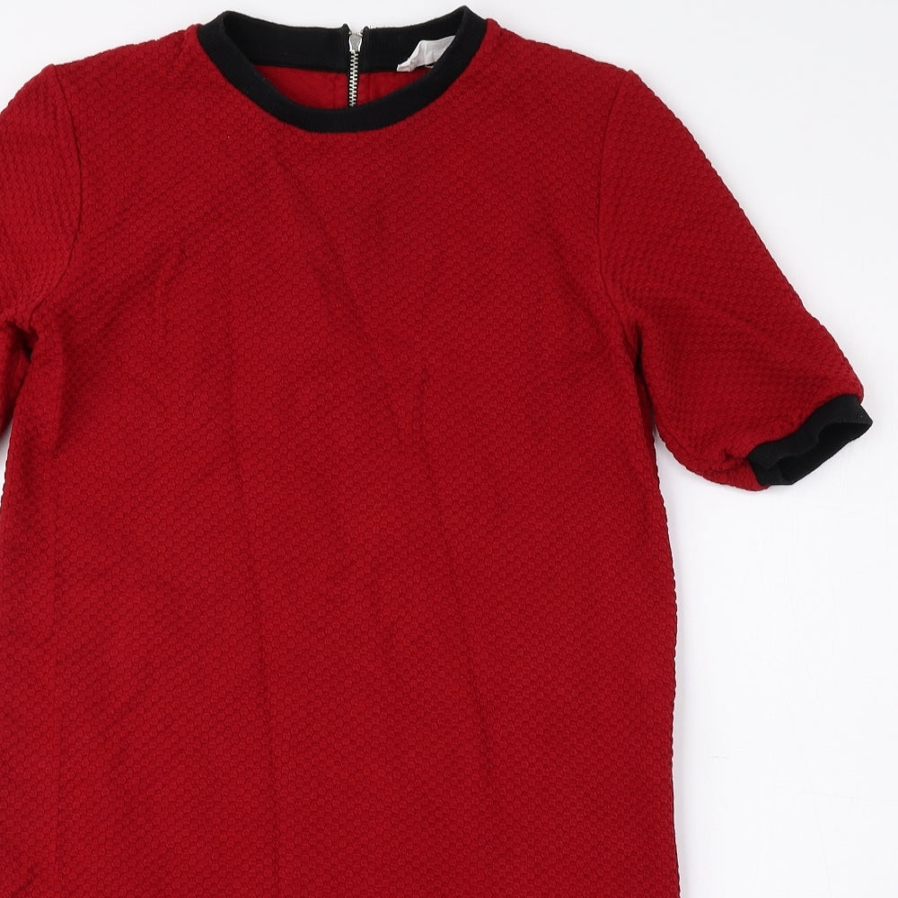 Zara Womens Red Cotton A-Line Size 6 Crew Neck Zip