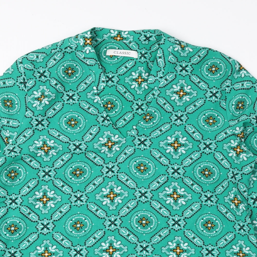 Classic Womens Blue Geometric Polyester Basic Blouse Size 6 V-Neck