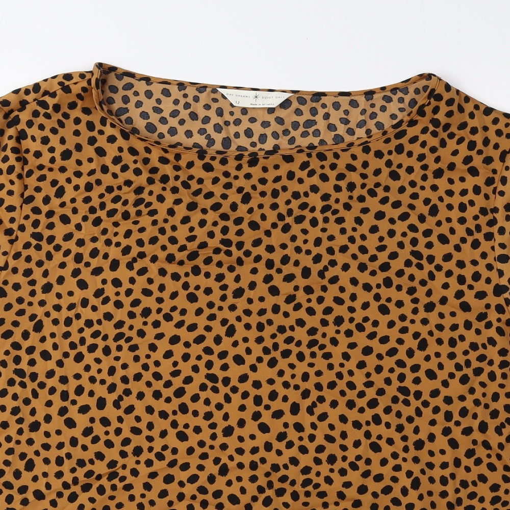 Marks and Spencer Womens Brown Animal Print Polyester Basic Blouse Size 12 Boat Neck