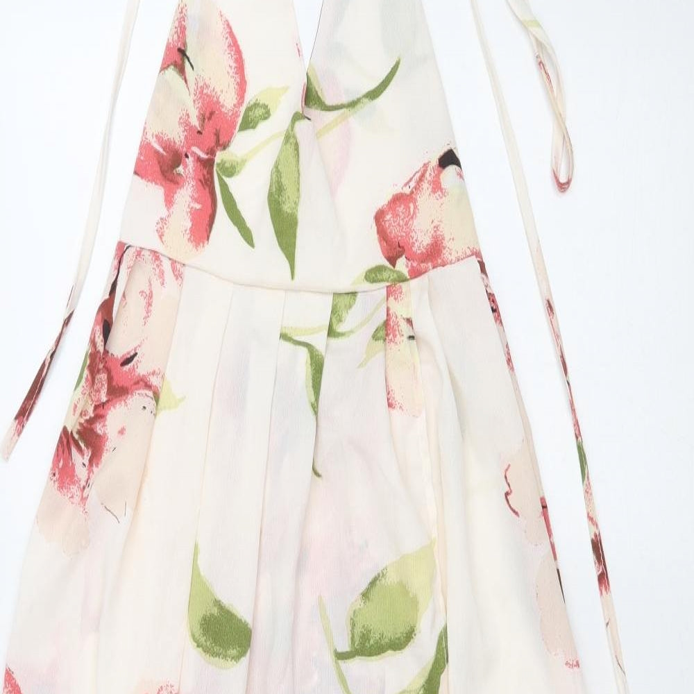 Preworn Womens Ivory Floral Polyester Fit & Flare Size S Halter Tie