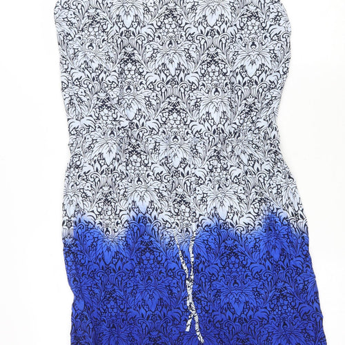BHS Womens Blue Floral Viscose Tank Dress Size 12 Scoop Neck Drawstring