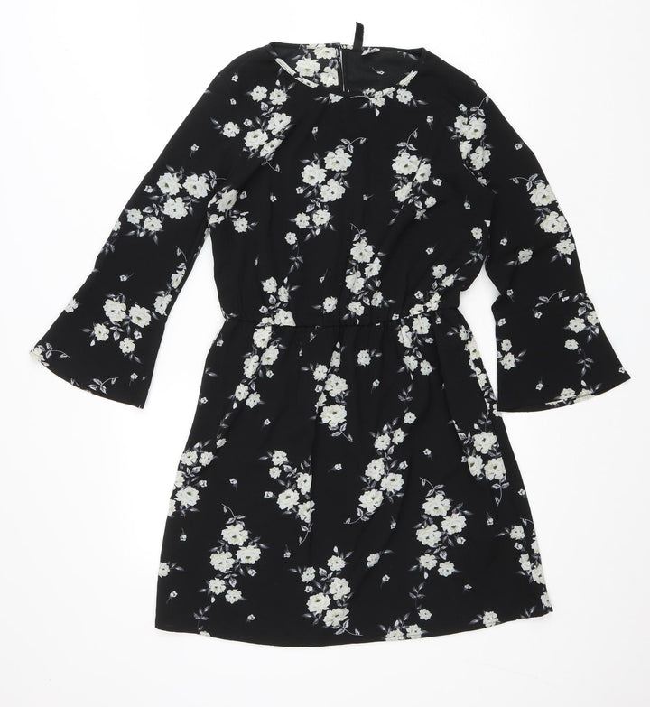 H&M Womens Black Floral Polyester Fit & Flare Size 6 Scoop Neck Button