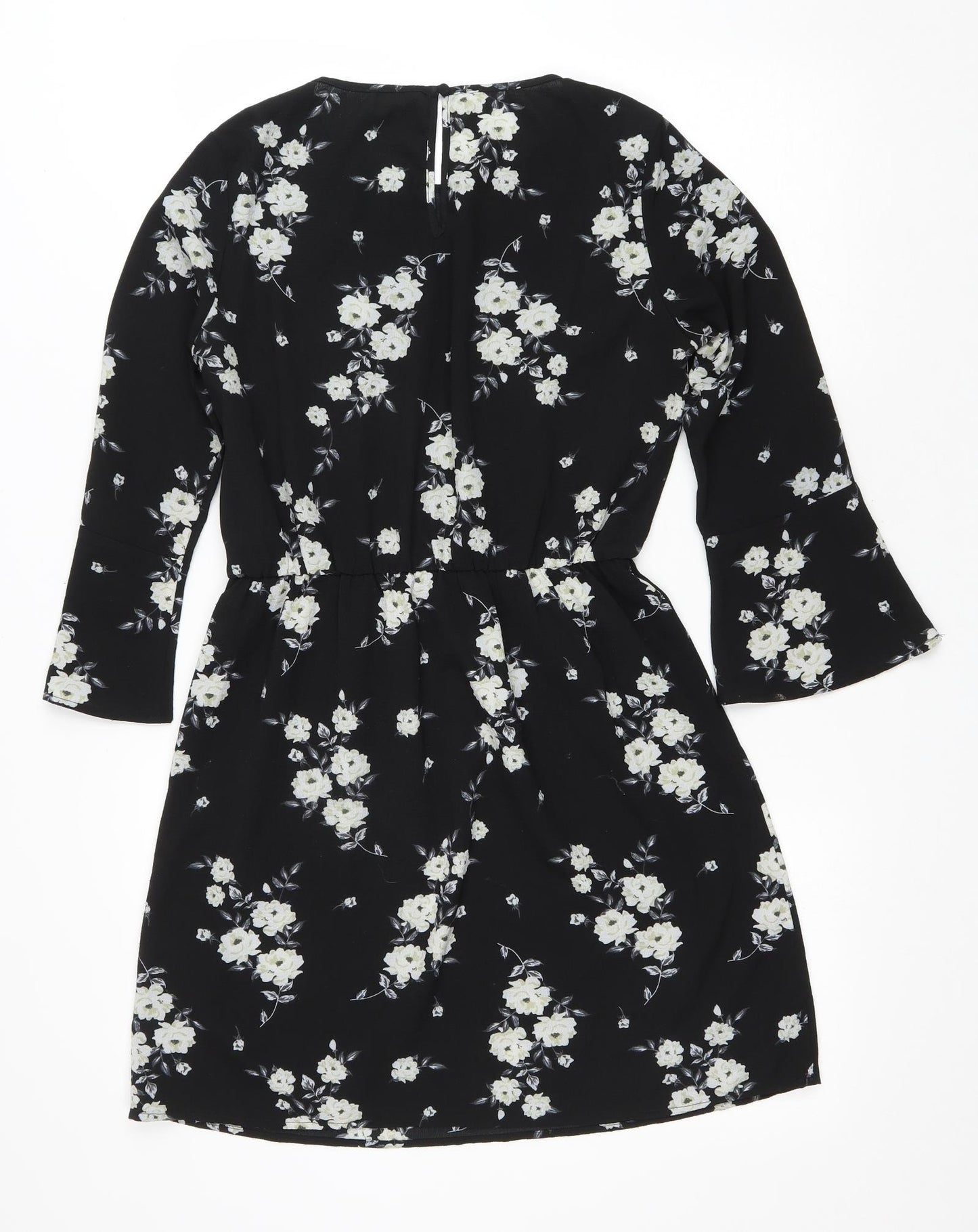 H&M Womens Black Floral Polyester Fit & Flare Size 6 Scoop Neck Button