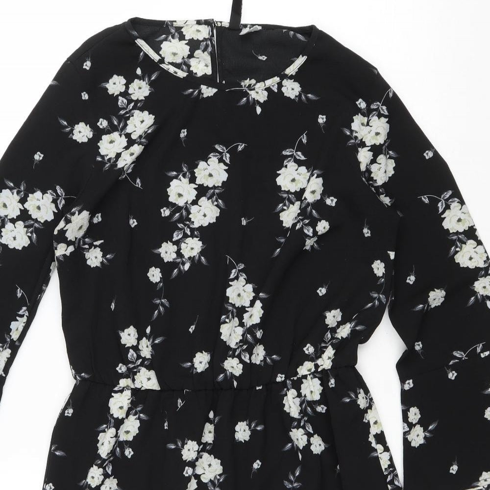 H&M Womens Black Floral Polyester Fit & Flare Size 6 Scoop Neck Button