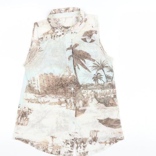 Denim & Co. Womens Multicoloured Geometric Polyester Basic Button-Up Size 10 Collared - Beach Scene