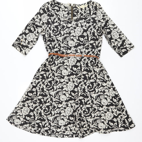 Youmi Womens Black Floral Cotton Fit & Flare Size 10 Scoop Neck Zip