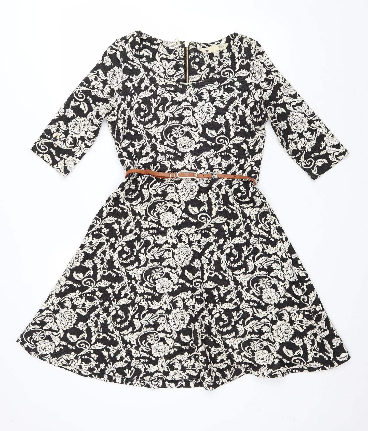Youmi Womens Black Floral Cotton Fit & Flare Size 10 Scoop Neck Zip