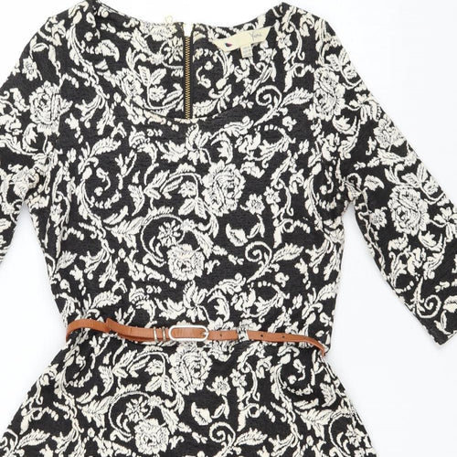 Youmi Womens Black Floral Cotton Fit & Flare Size 10 Scoop Neck Zip