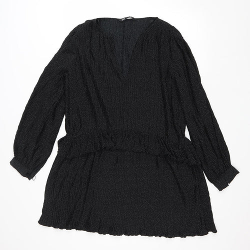 Zara Womens Black Polka Dot Polyester Trapeze & Swing Size L V-Neck Pullover