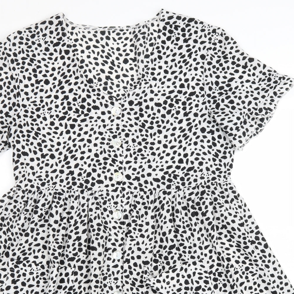 SheIn Womens White Animal Print Polyester Fit & Flare Size M V-Neck Button