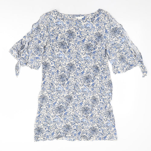 H&M Womens Blue Floral Viscose Shift Size 12 Boat Neck Pullover - Split Tie Sleeve Detail