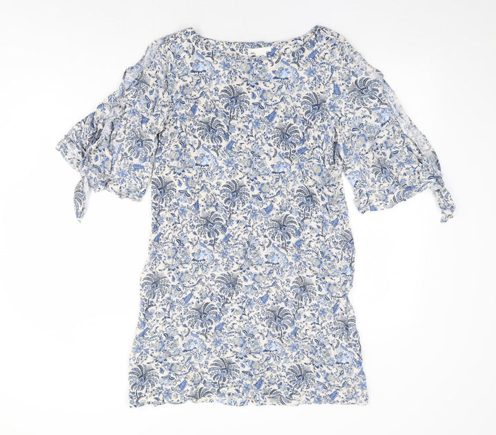 H&M Womens Blue Floral Viscose Shift Size 12 Boat Neck Pullover - Split Tie Sleeve Detail