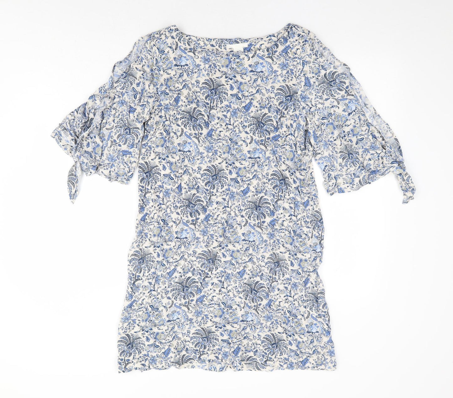 H&M Womens Blue Floral Viscose Shift Size 12 Boat Neck Pullover - Split Tie Sleeve Detail