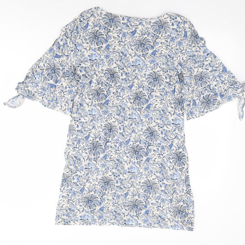 H&M Womens Blue Floral Viscose Shift Size 12 Boat Neck Pullover - Split Tie Sleeve Detail