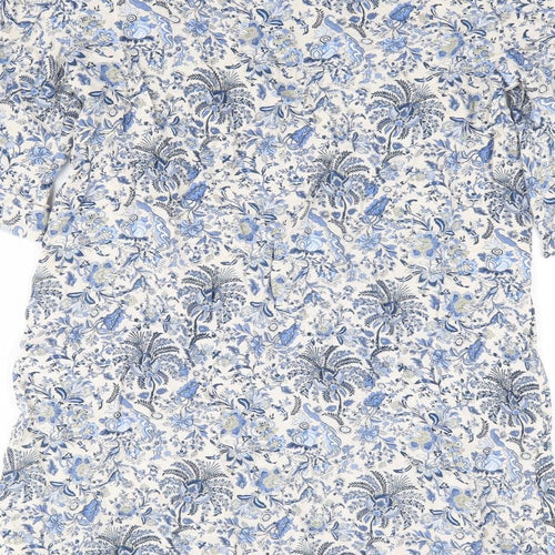 H&M Womens Blue Floral Viscose Shift Size 12 Boat Neck Pullover - Split Tie Sleeve Detail