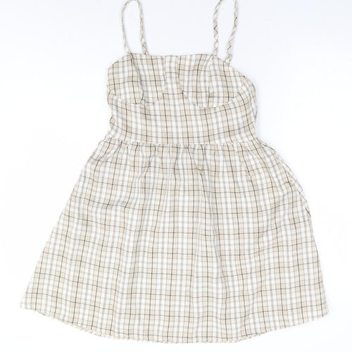 SheIn Womens Beige Plaid Polyester Fit & Flare Size S Square Neck Zip