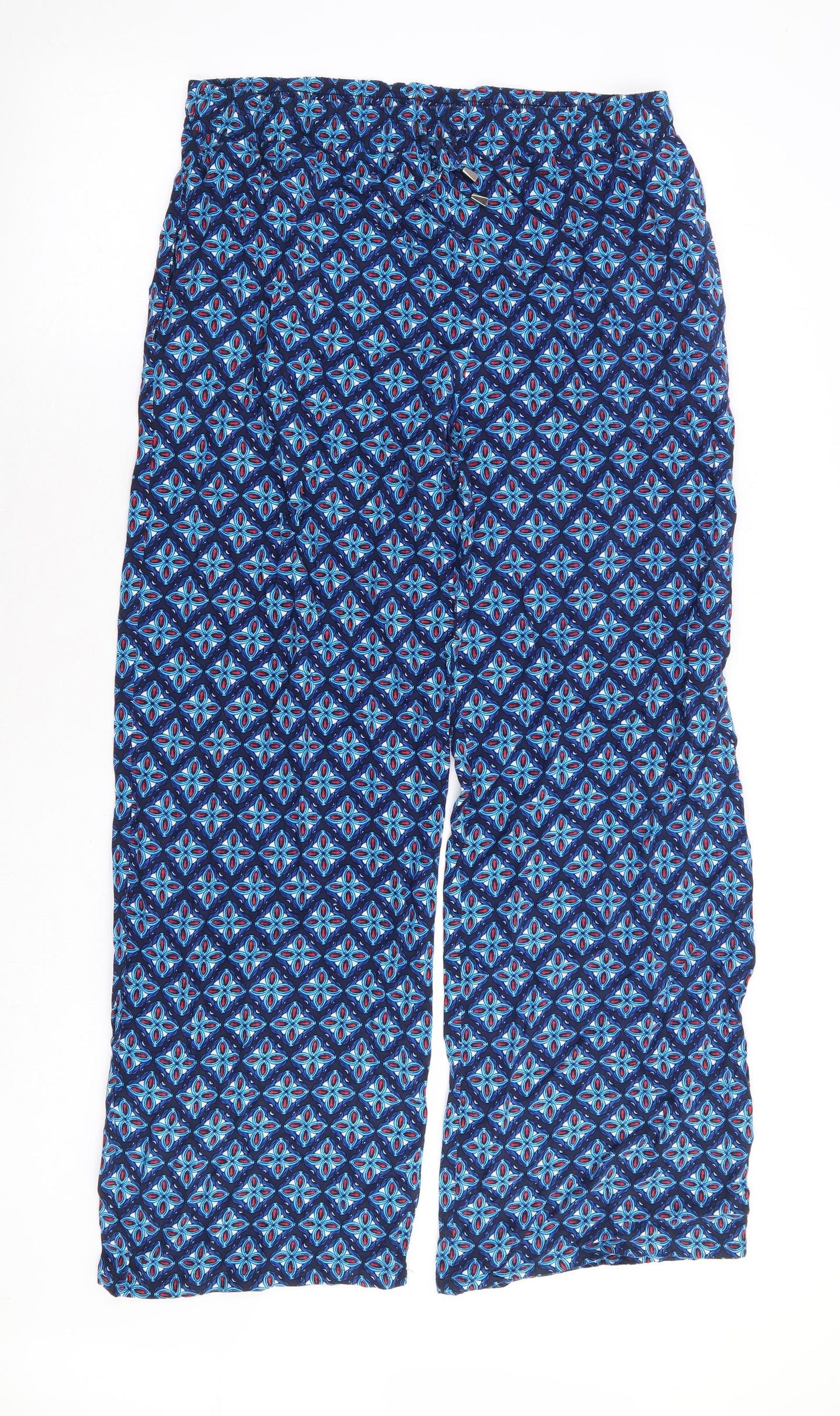 Papaya Womens Blue Geometric Viscose Trousers Size 14 L28 in Regular Drawstring