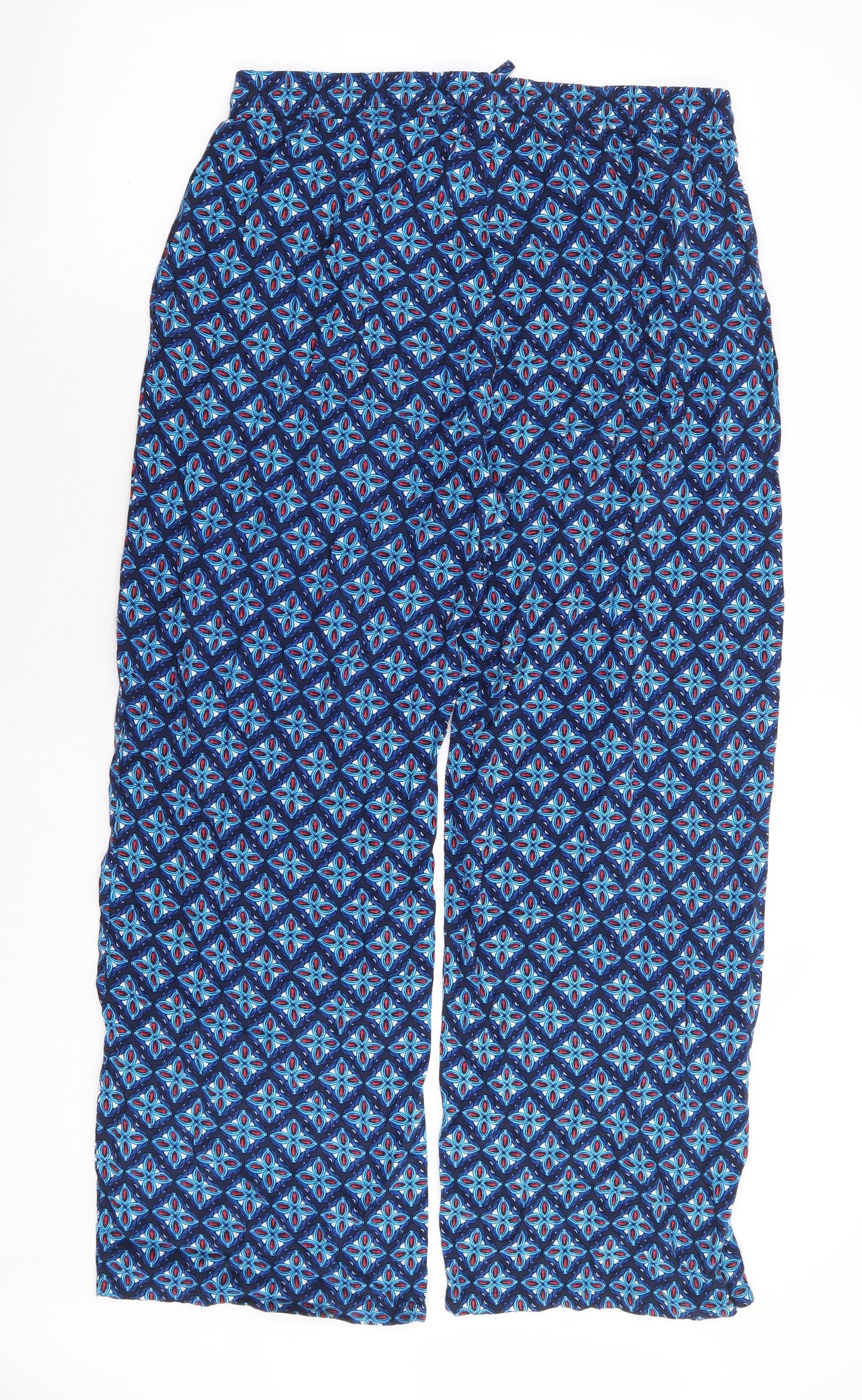 Papaya Womens Blue Geometric Viscose Trousers Size 14 L28 in Regular Drawstring