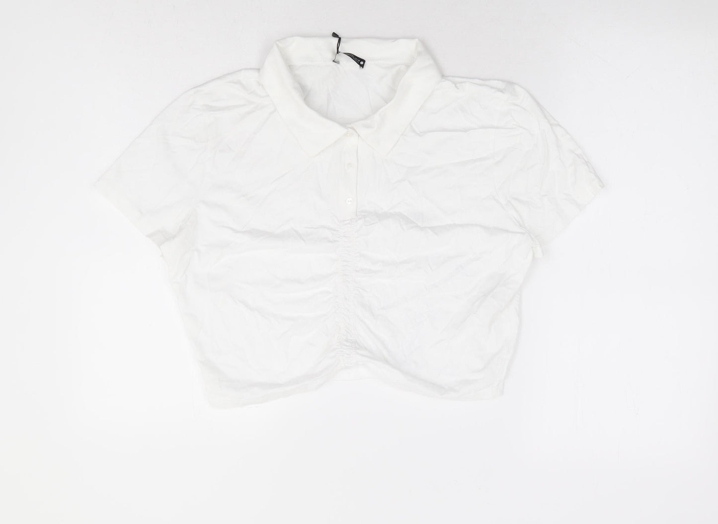 Zara Womens White 100% Cotton Cropped Polo Size L Collared - Ruched