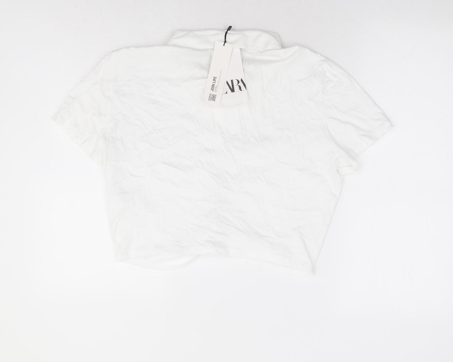 Zara Womens White 100% Cotton Cropped Polo Size L Collared - Ruched