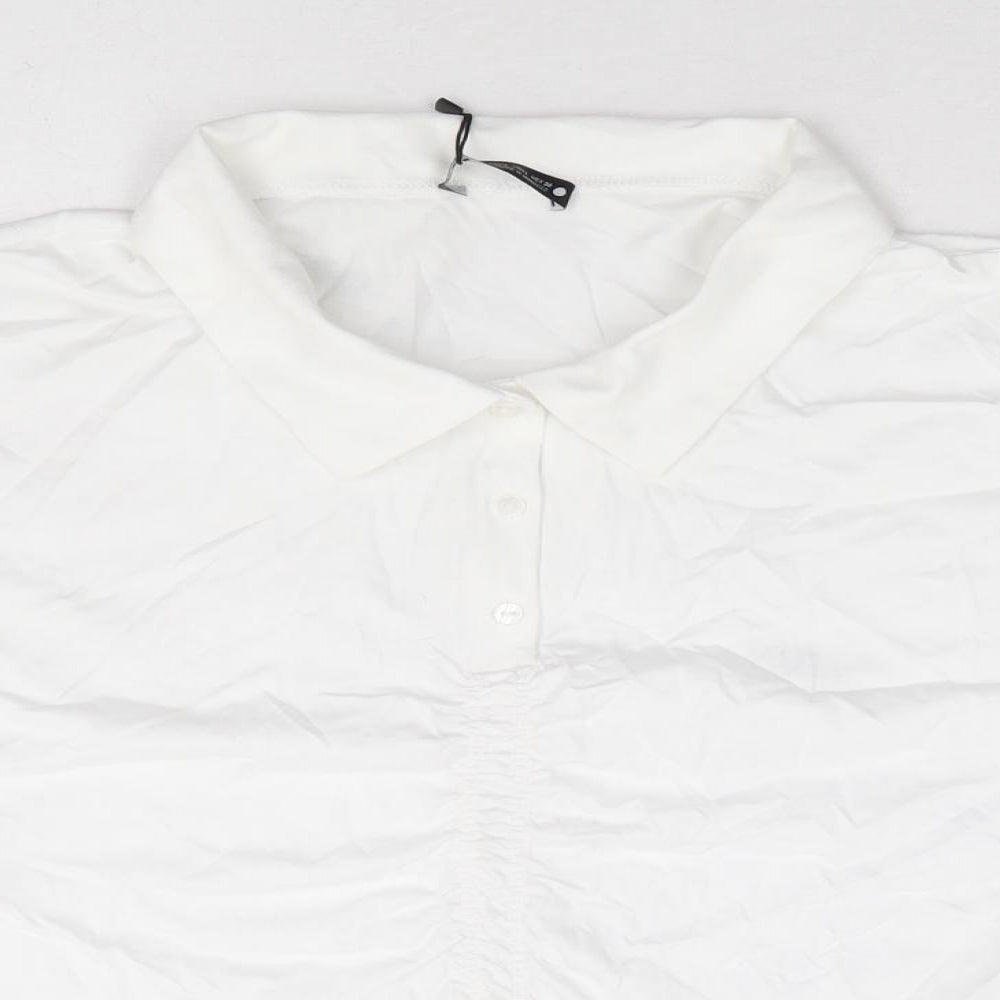 Zara Womens White 100% Cotton Cropped Polo Size L Collared - Ruched