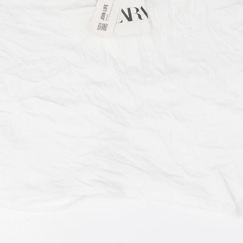 Zara Womens White 100% Cotton Cropped Polo Size L Collared - Ruched